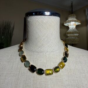 Statement Gold Tone Green Stone Panel Necklace
Description